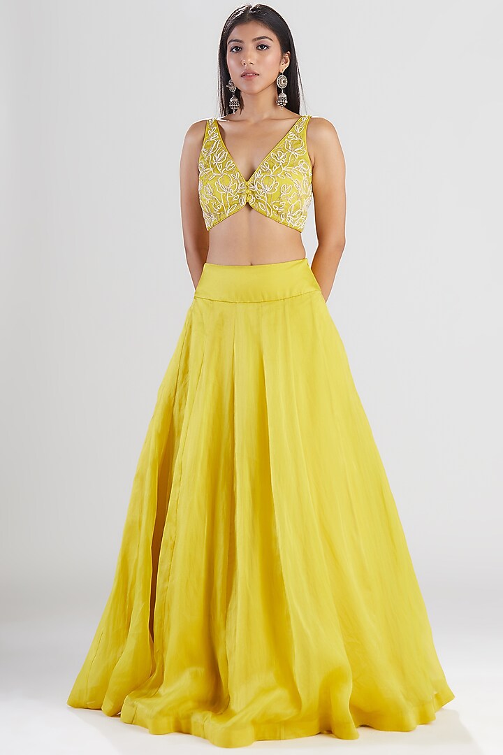 Lime Yellow Embroidered Wedding Lehenga Set by Megha Bansal at Pernia's Pop Up Shop