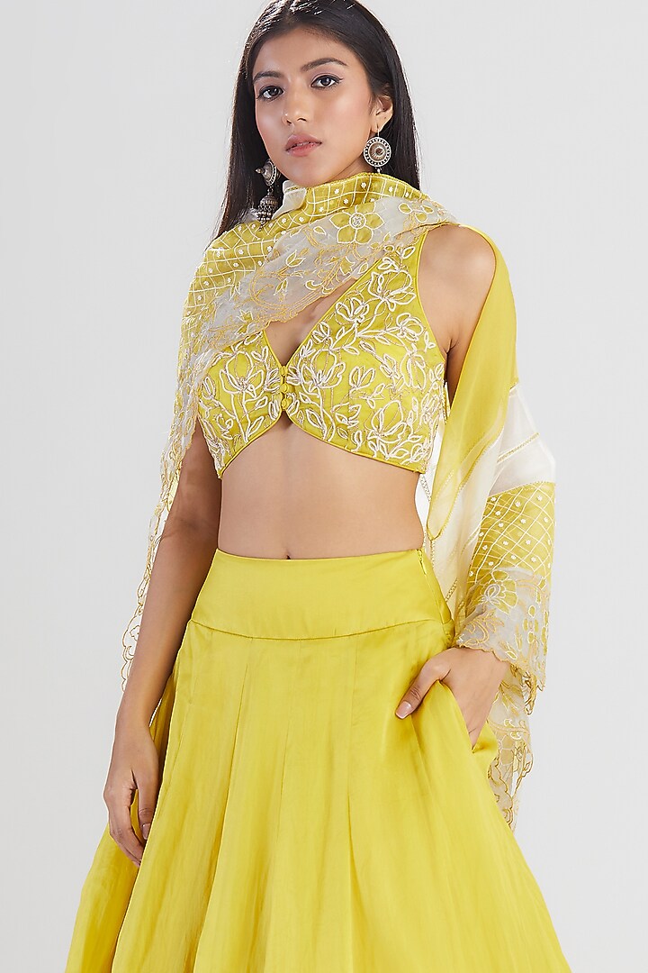 Lime Yellow Embroidered Wedding Lehenga Set by Megha Bansal at Pernia's Pop Up Shop