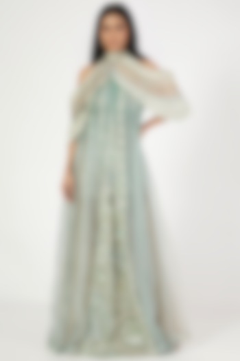 Aqua Mint Ombre Embellished Gown With Cape by Megha Bansal