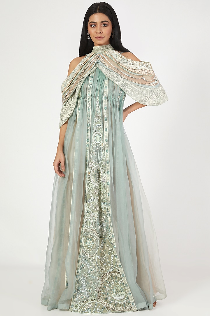 Aqua Mint Ombre Embellished Gown With Cape by Megha Bansal