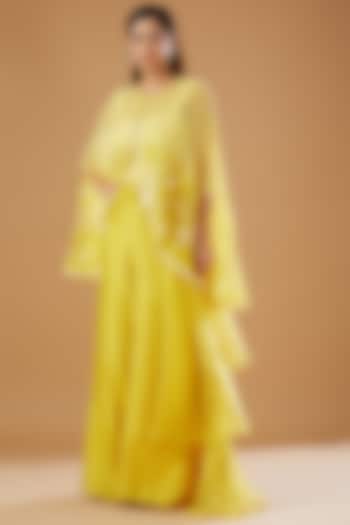 Lime Yellow Silk Organza Embroidered Cape Set by Megha Bansal