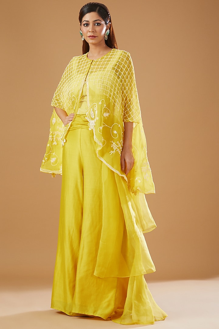 Lime Yellow Silk Organza Embroidered Cape Set by Megha Bansal