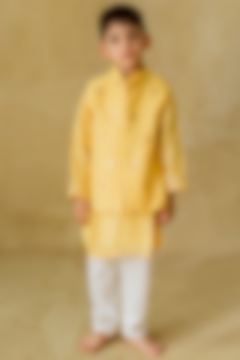 Mustard Chanderi Motif Embellished Jacket Set For Boys by MR BRAT at Pernia's Pop Up Shop