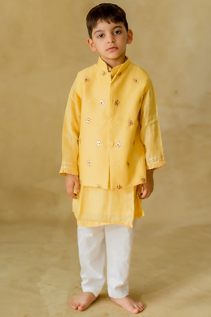 Mustard Chanderi Motif Embellished Jacket Set For Boys by MR BRAT at Pernia's Pop Up Shop