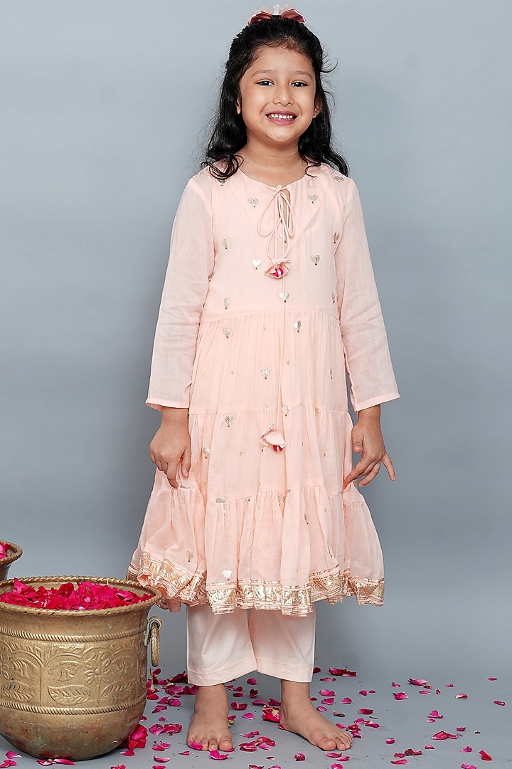 Peach Soft Mulmul Cotton Gota Lace Kurta Set For Girls by MR BRAT at Pernia's Pop Up Shop