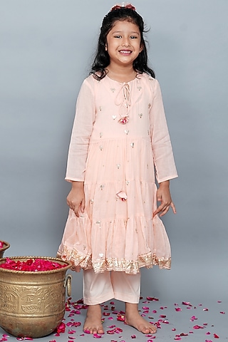 Peach Soft Mulmul Cotton Gota Lace Kurta Set For Girls by MR BRAT