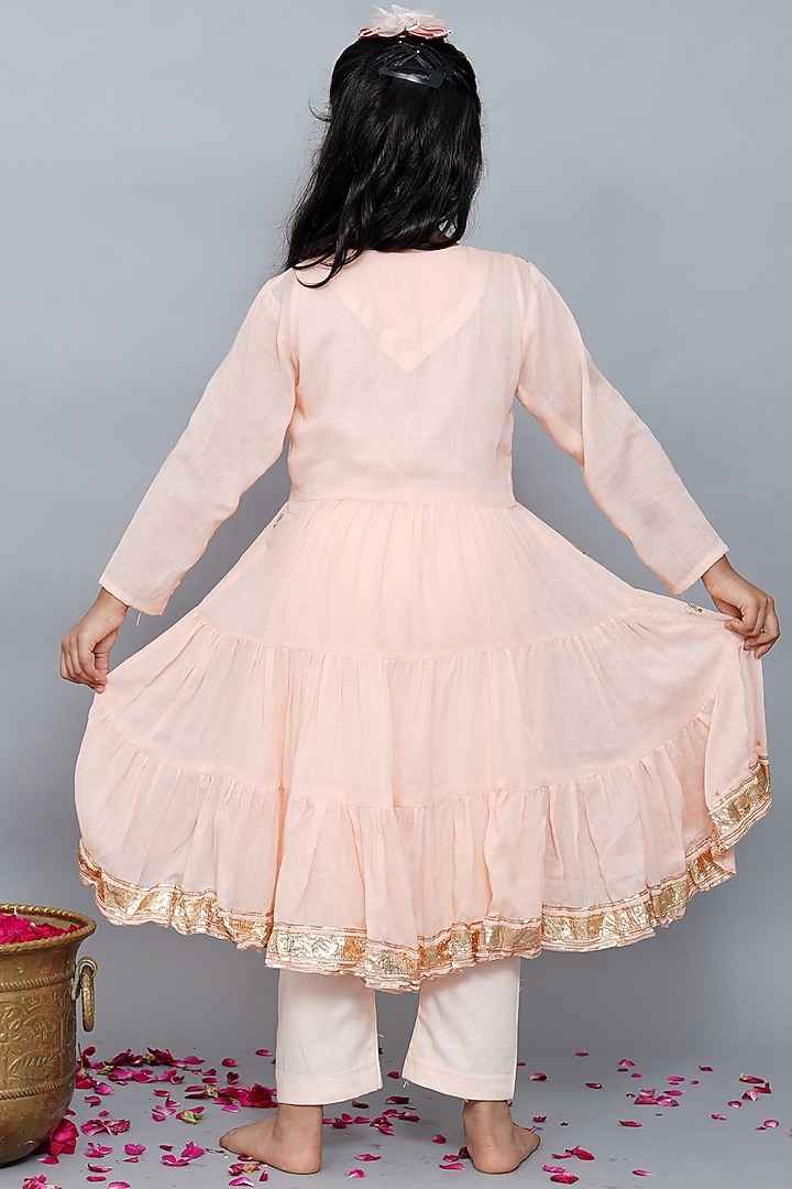 Peach Soft Mulmul Cotton Gota Lace Kurta Set For Girls by MR BRAT at Pernia's Pop Up Shop