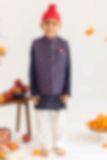 Navy Blue Muslin Printed Nehru Jacket Set For Boys by MR BRAT at Pernia's Pop Up Shop