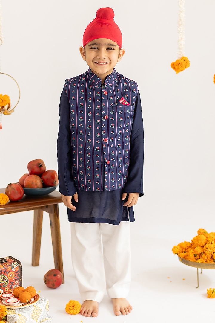 Navy Blue Muslin Printed Nehru Jacket Set For Boys by MR BRAT at Pernia's Pop Up Shop