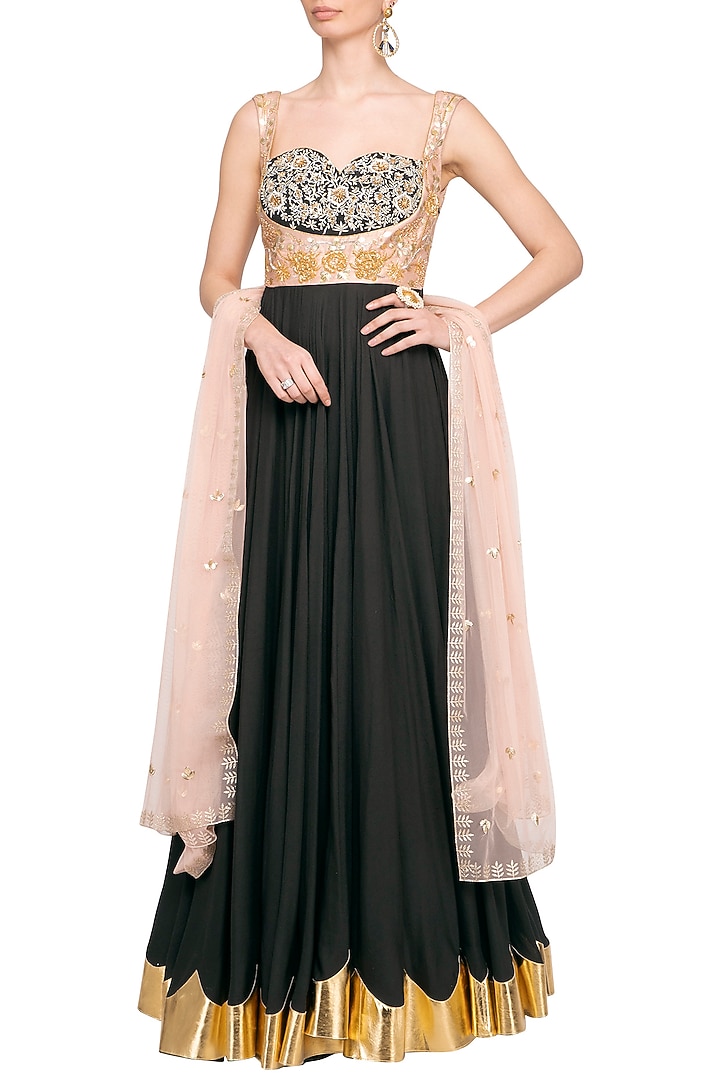 Black Embroidered Wedding Anarkali Gown With Dupatta by Mani Bhatia at Pernia's Pop Up Shop