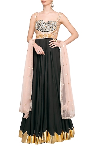 Black Embroidered Anarkali Gown With Dupatta by Mani Bhatia