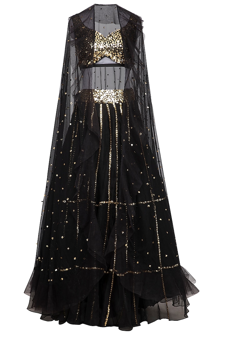 Black Embroidered Lehenga Skirt With Blouse & Cape by Mani Bhatia