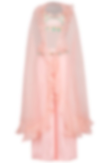 Peach Pink Embroidered Crop Top With Pants & Cape by Mani Bhatia at Pernia's Pop Up Shop