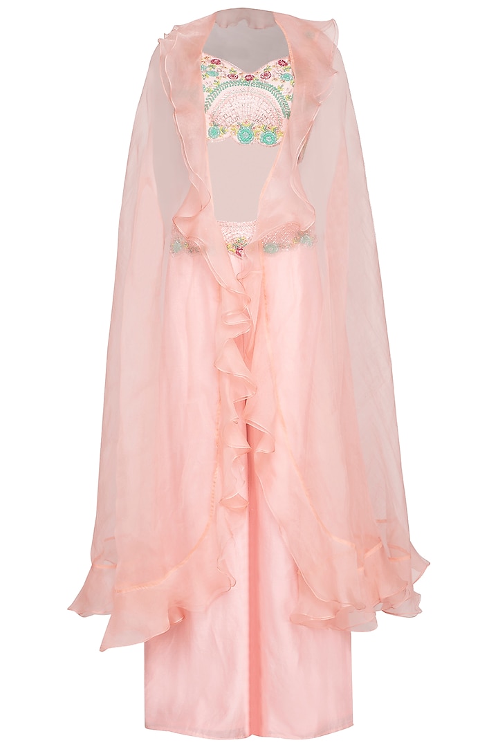 Peach Pink Embroidered Crop Top With Pants & Cape by Mani Bhatia