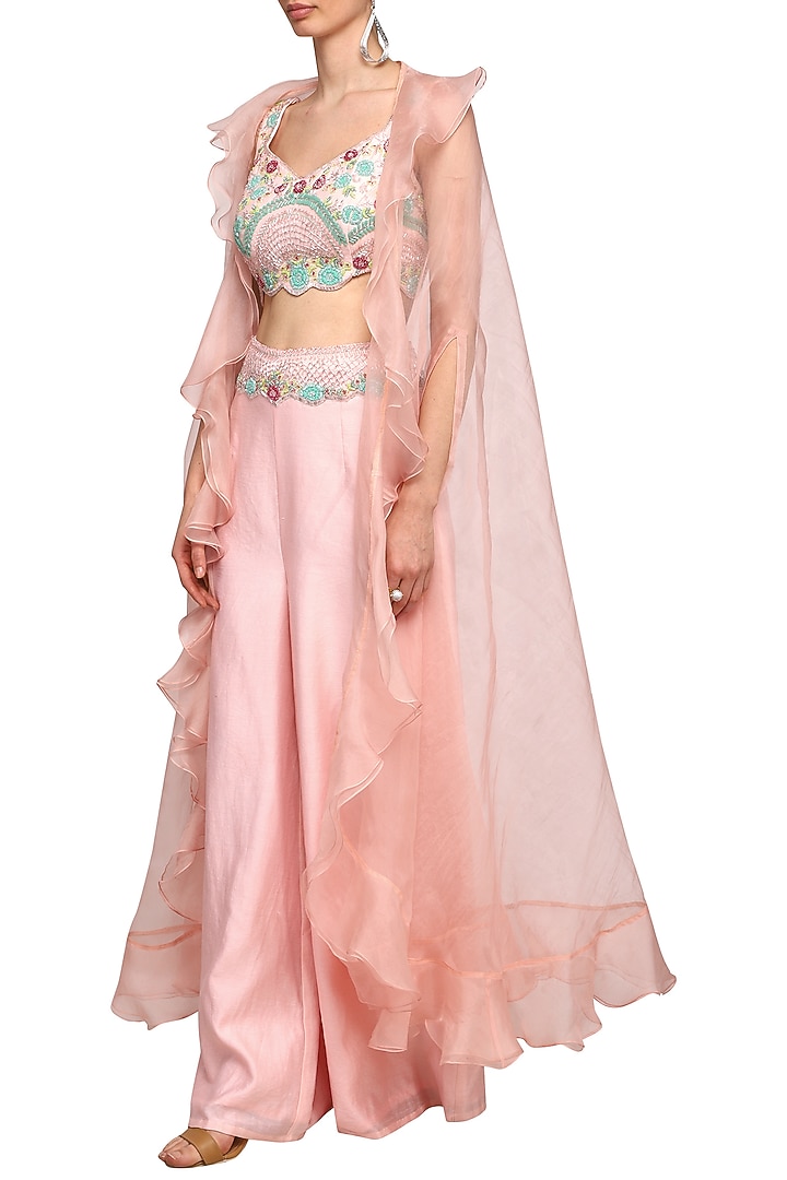 Peach Pink Embroidered Crop Top With Pants & Cape by Mani Bhatia at Pernia's Pop Up Shop