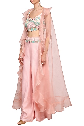 Peach Pink Embroidered Crop Top With Pants & Cape by Mani Bhatia