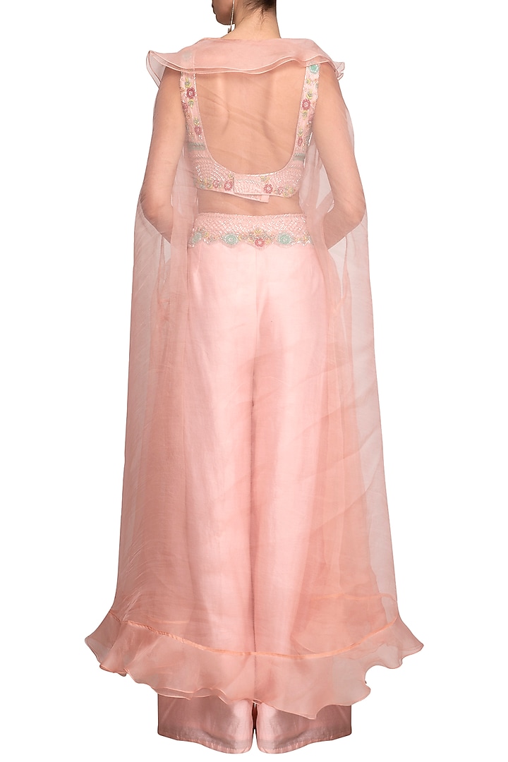 Peach Pink Embroidered Crop Top With Pants & Cape by Mani Bhatia at Pernia's Pop Up Shop
