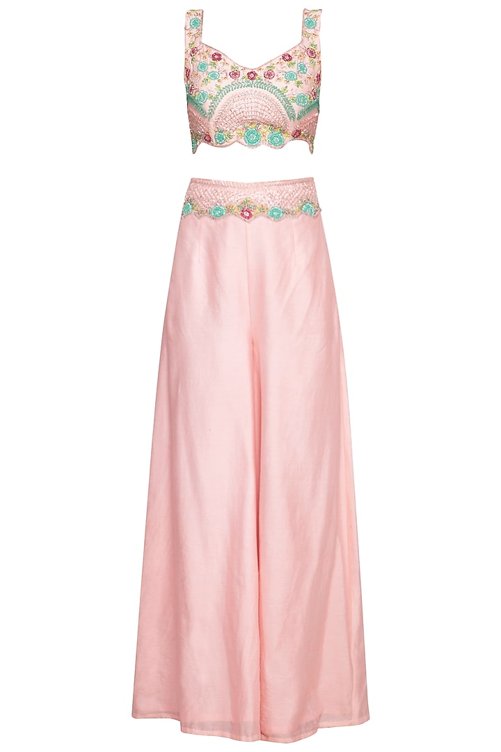 Peach Pink Embroidered Crop Top With Pants & Cape by Mani Bhatia at Pernia's Pop Up Shop