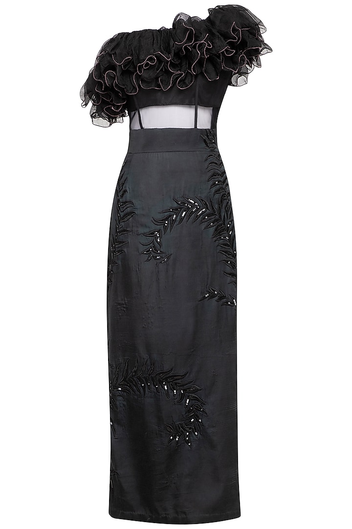 Black Embroidered Ruffled Gown by Mani Bhatia