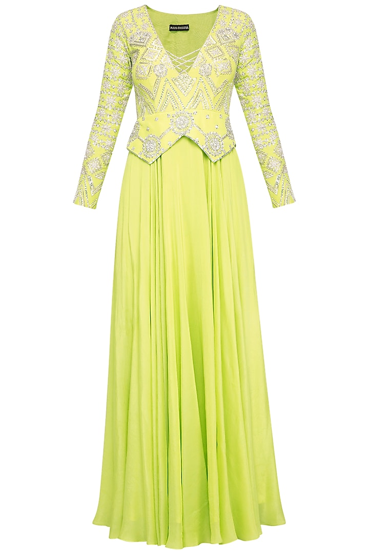 Lime Green Embroidered Peplum Anarkali Gown by Mani Bhatia