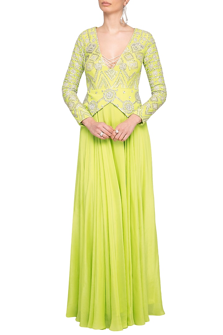 Lime Green Embroidered Peplum Wedding Anarkali Gown by Mani Bhatia at Pernia's Pop Up Shop