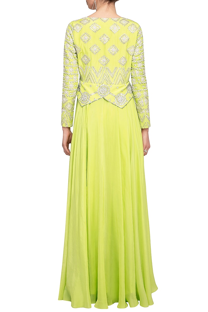 Lime Green Embroidered Peplum Wedding Anarkali Gown by Mani Bhatia at Pernia's Pop Up Shop