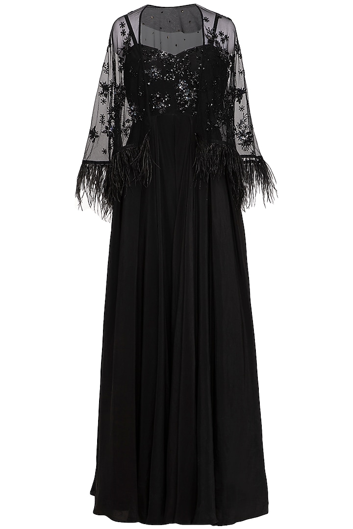 Black Embroidered Jumpsuit With Cape Design by Mani Bhatia at Pernia's ...