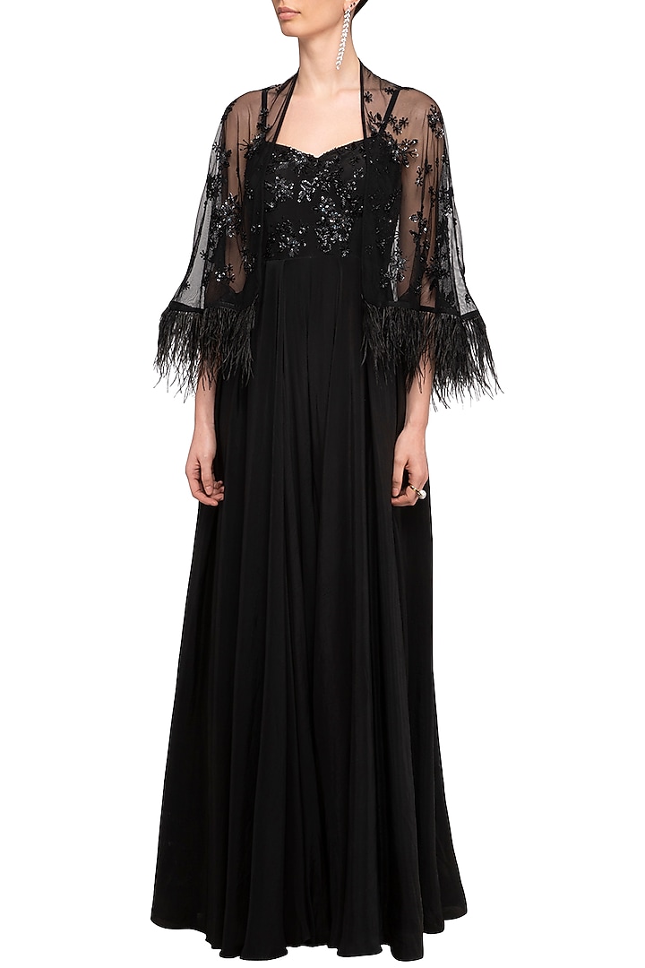 Black Embroidered Jumpsuit With Cape by Mani Bhatia at Pernia's Pop Up Shop