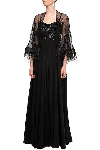 Black Embroidered Jumpsuit With Cape by Mani Bhatia