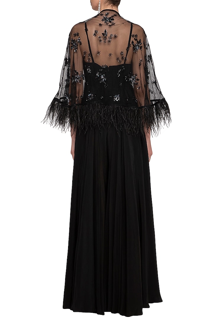 Black Embroidered Jumpsuit With Cape by Mani Bhatia at Pernia's Pop Up Shop