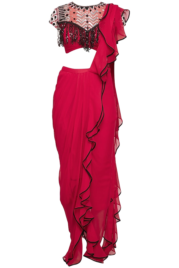 Red Georgette Ruffled Drape Saree Set by Mani Bhatia