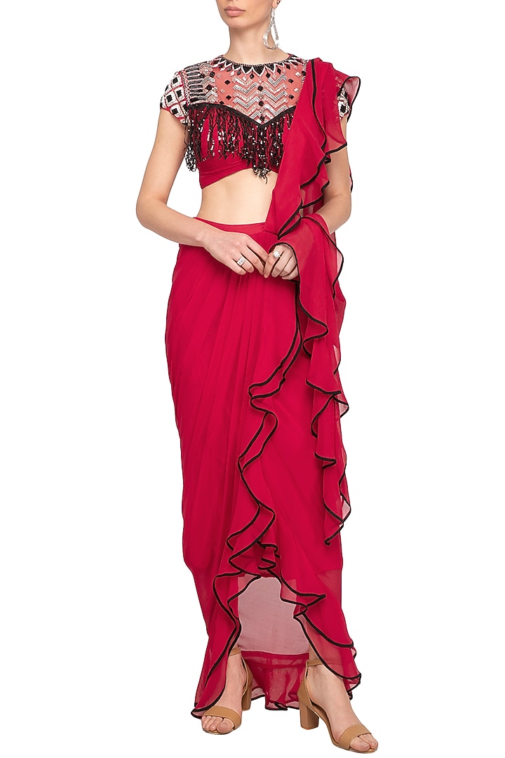 Red Georgette Ruffled Drape Wedding Saree Set by Mani Bhatia at Pernia's Pop Up Shop