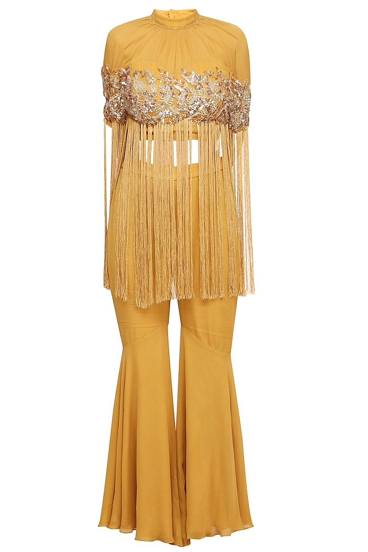 Mustard Yellow Embroidered Cape Top With Pants by Mani Bhatia