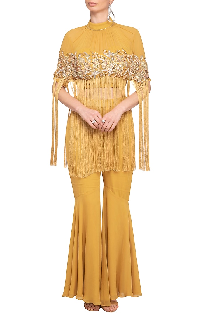 Mustard Yellow Embroidered Cape Top With Pants by Mani Bhatia at Pernia's Pop Up Shop