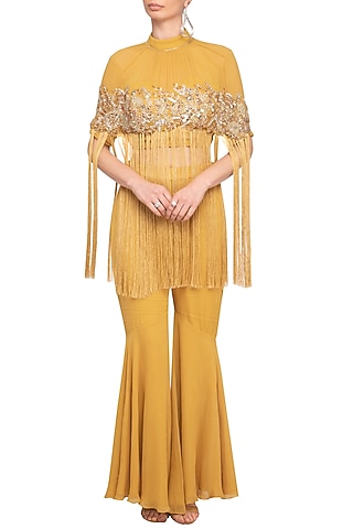 Mustard Yellow Embroidered Cape Top With Pants by Mani Bhatia