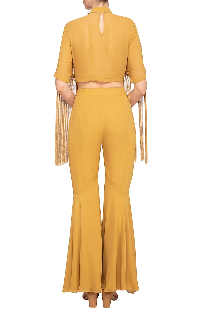 Mustard Yellow Embroidered Cape Top With Pants by Mani Bhatia at Pernia's Pop Up Shop