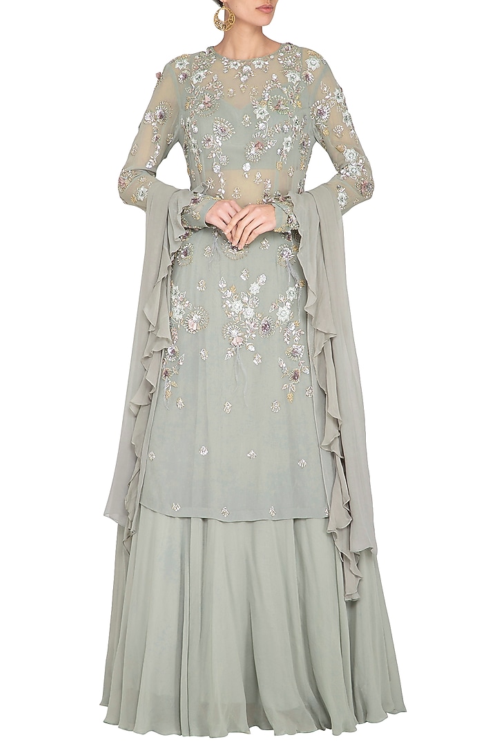 Smoke Grey Embellished Wedding Lehenga Set by Mani Bhatia at Pernia's Pop Up Shop