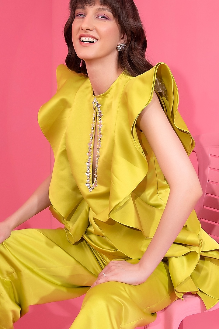 Olive Green Satin Organza Co-Ord Set by Mani Bhatia at Pernia's Pop Up Shop