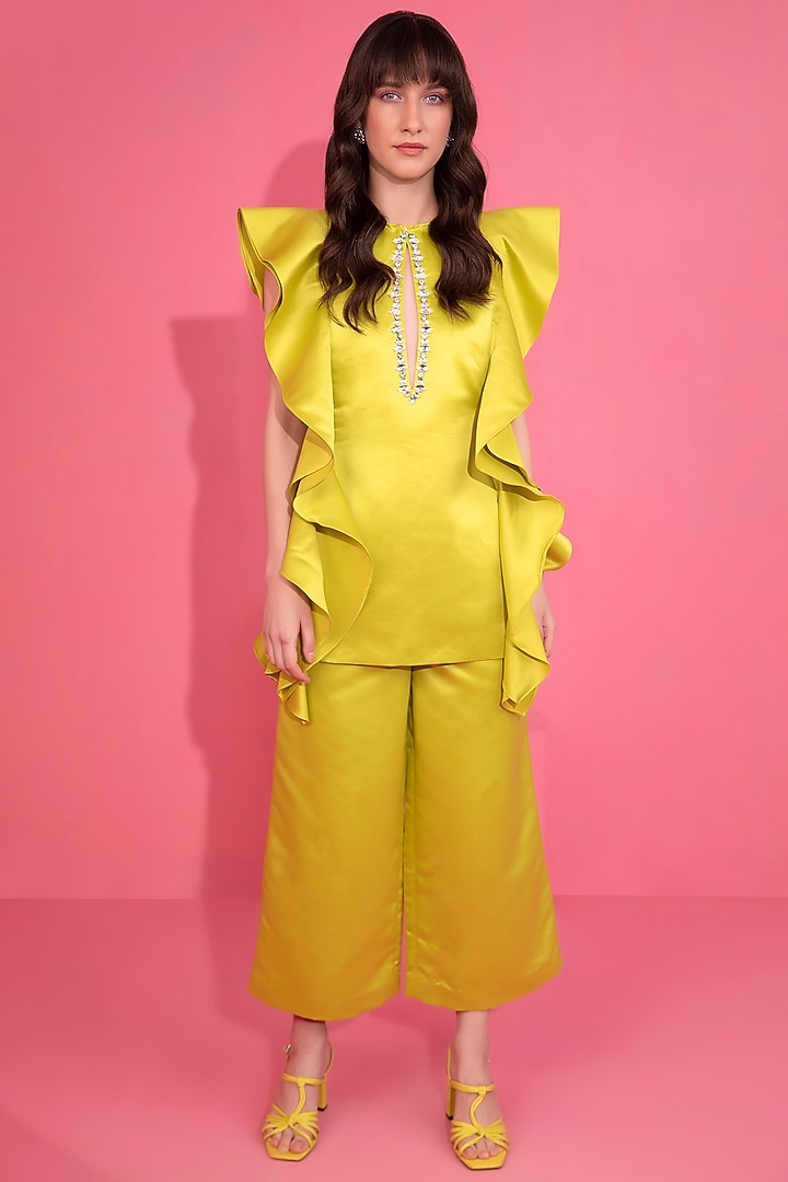 Olive Green Satin Organza Co-Ord Set by Mani Bhatia at Pernia's Pop Up Shop