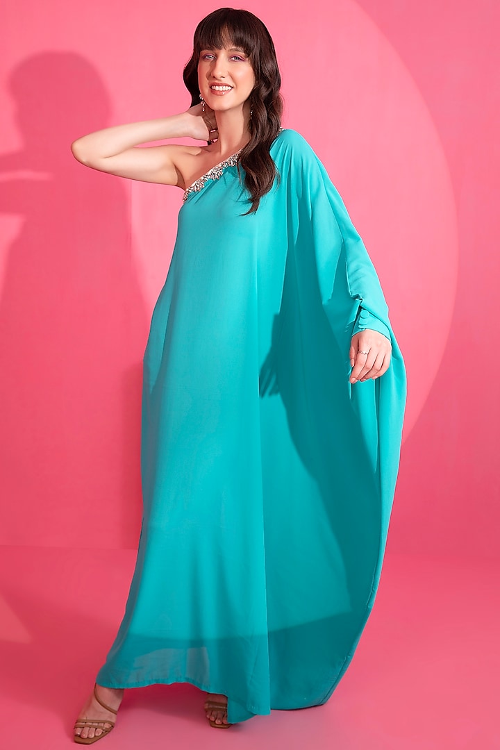 Turquoise Embroidered Kaftan by Mani Bhatia