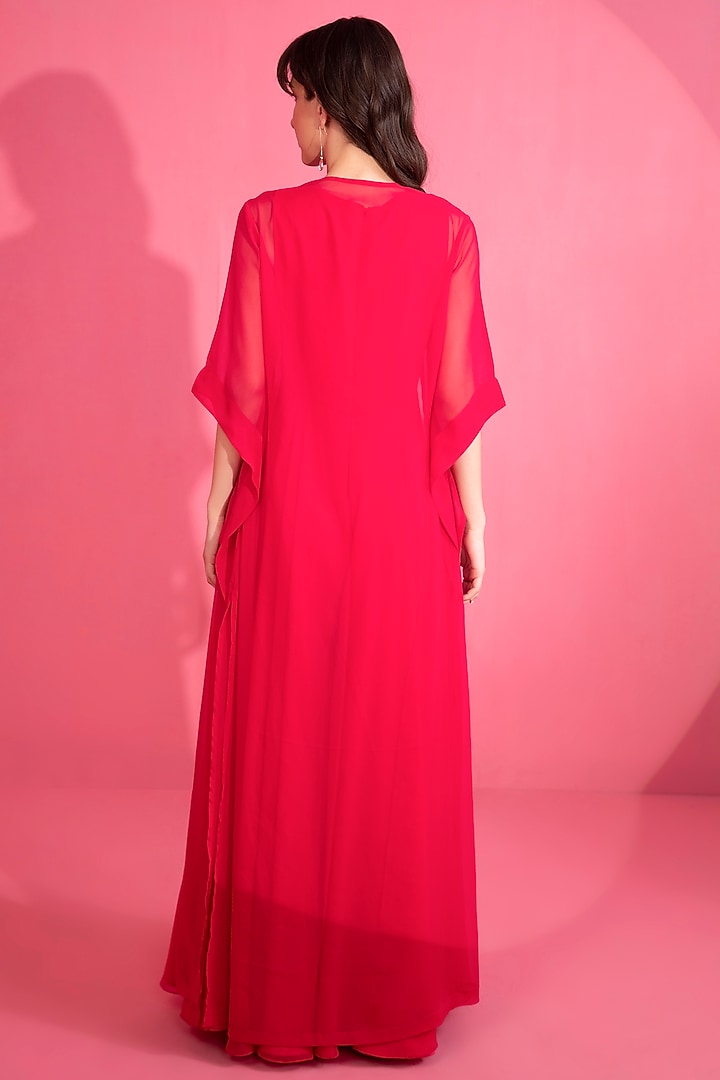 Fiery Red Georgette Jumpsuit With Cape by Mani Bhatia at Pernia's Pop Up Shop