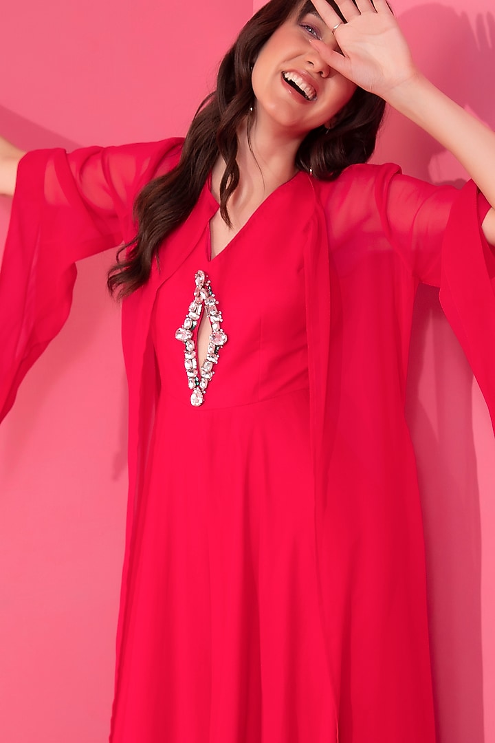 Fiery Red Georgette Jumpsuit With Cape by Mani Bhatia at Pernia's Pop Up Shop