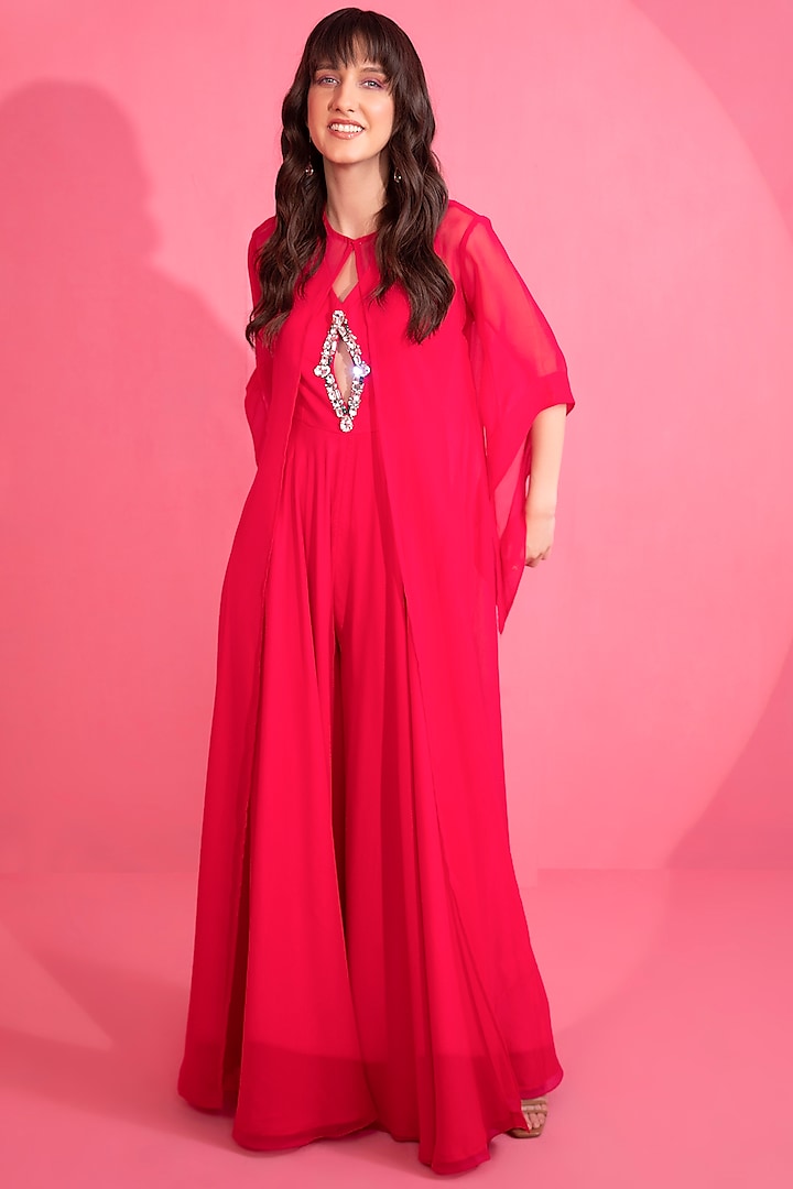 Fiery Red Georgette Jumpsuit With Cape by Mani Bhatia