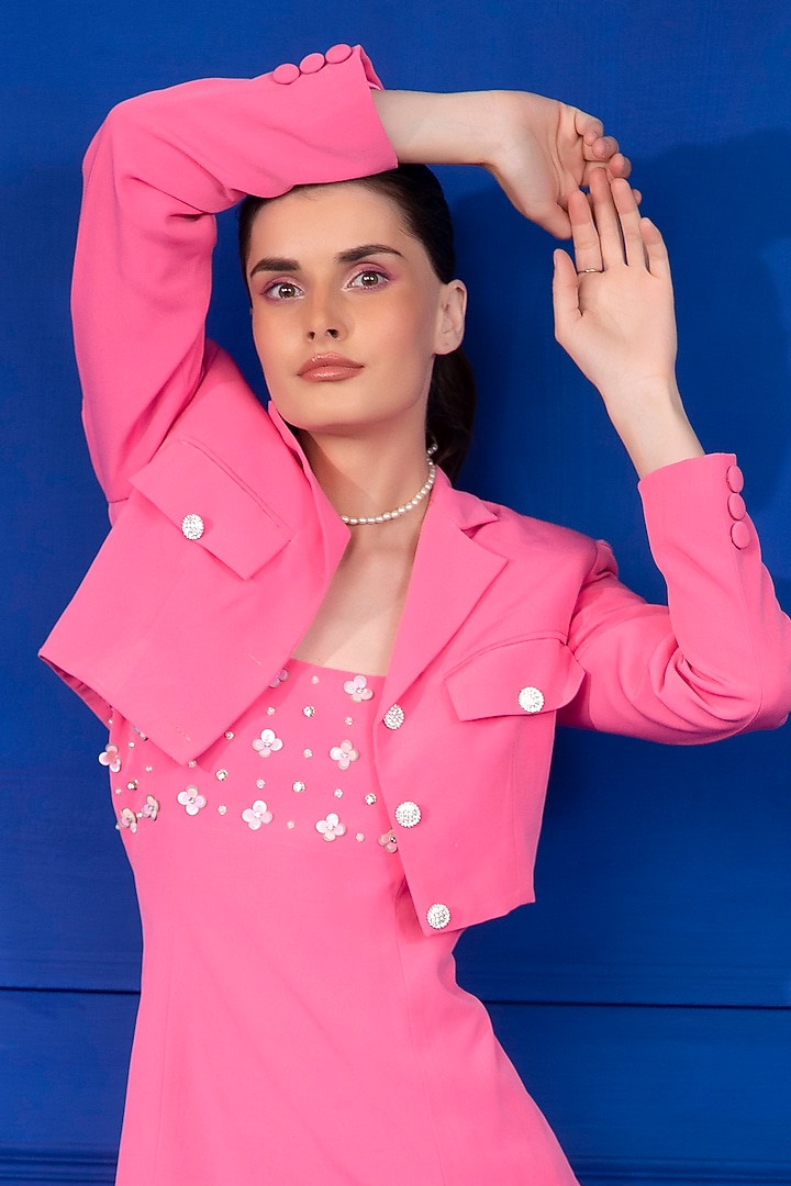 Baby Pink Moss Crepe Zardosi Embroidered Mini Vacation Dress With Jacket by Mani Bhatia at Pernia's Pop Up Shop