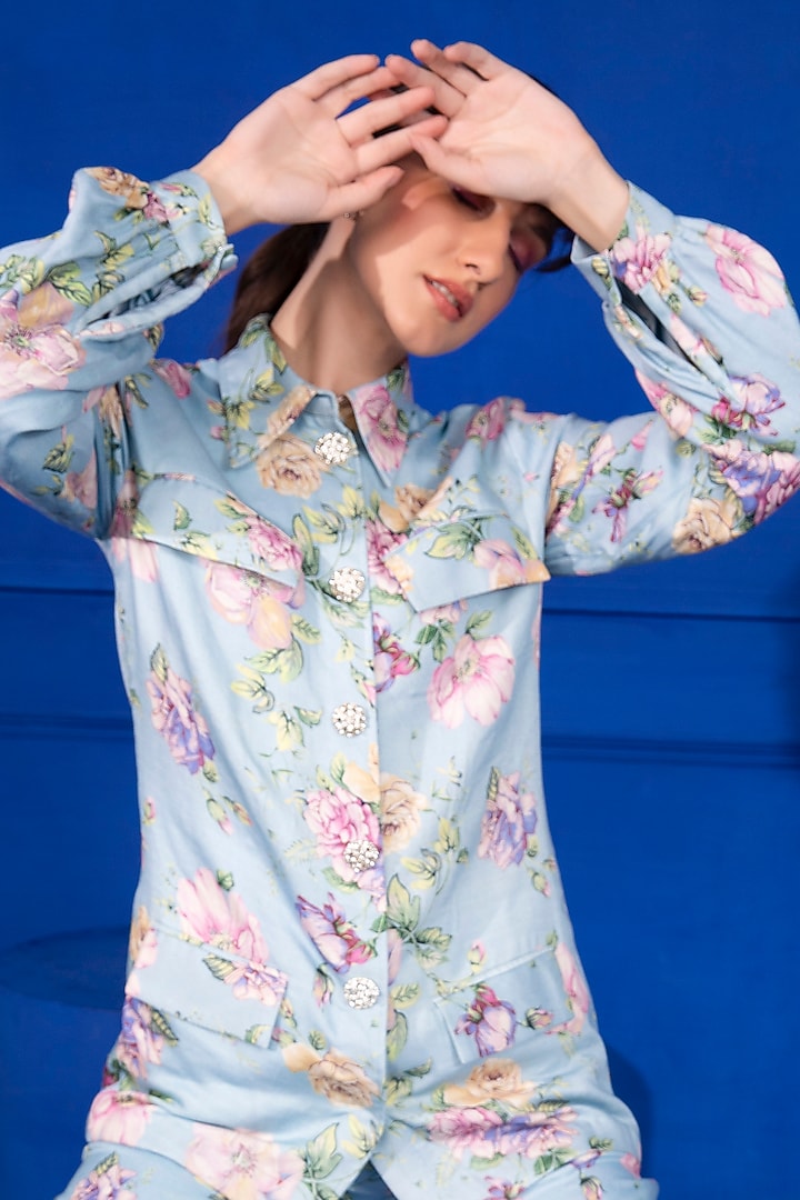 Ice Blue Printed Co-Ord Set by Mani Bhatia at Pernia's Pop Up Shop