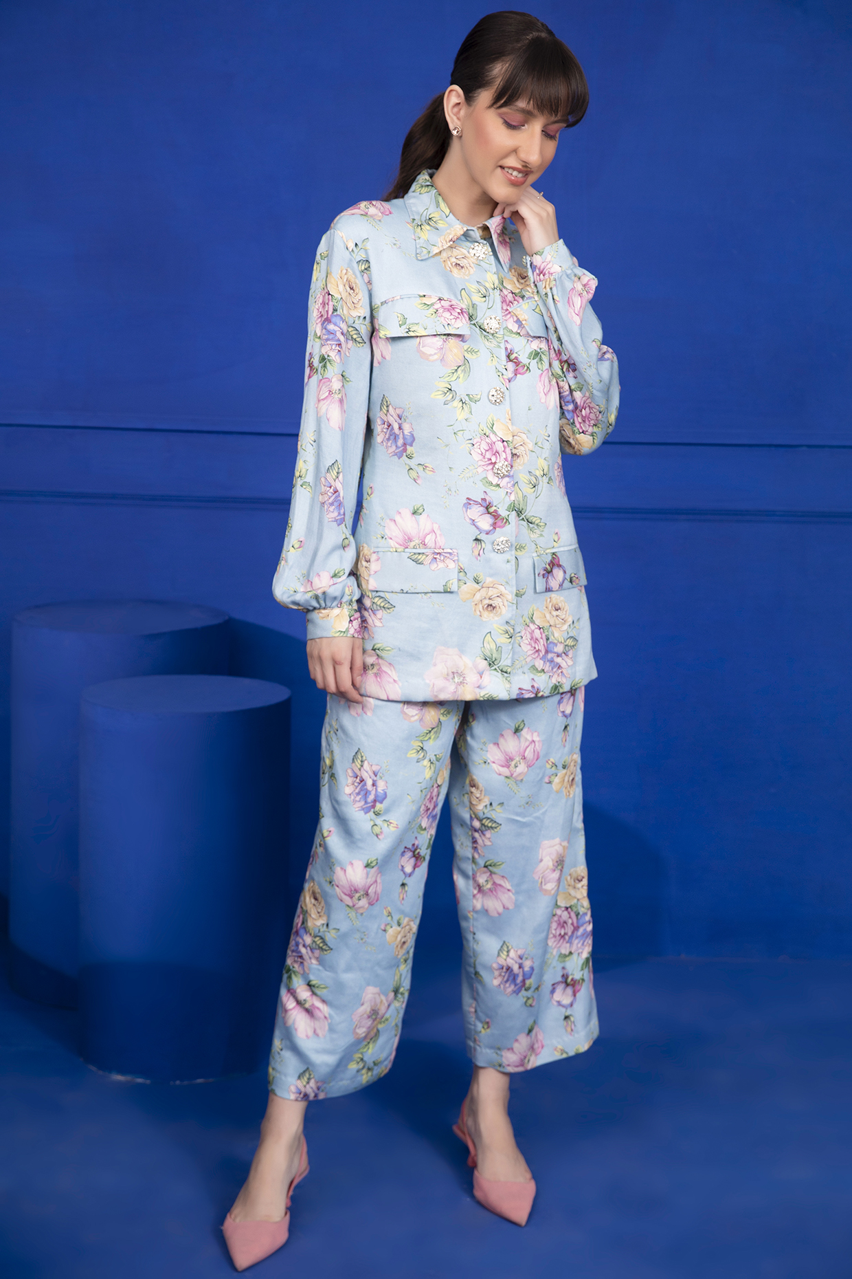 Ice Blue Printed Co-Ord Set by Mani Bhatia at Pernia's Pop Up Shop