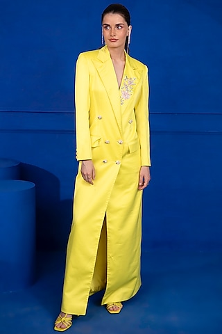 Lime Satin Crepe Embroidered Blazer Dress by Mani Bhatia