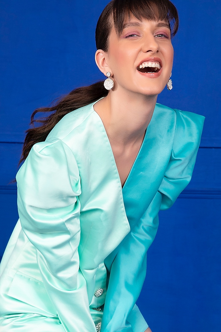 Turquoise & Sea Green Blazer Mini Vacation Dress by Mani Bhatia at Pernia's Pop Up Shop