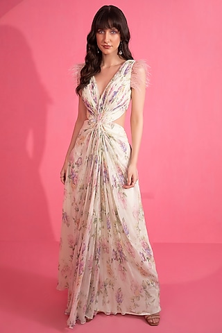 Off-White Printed Gown by Mani Bhatia