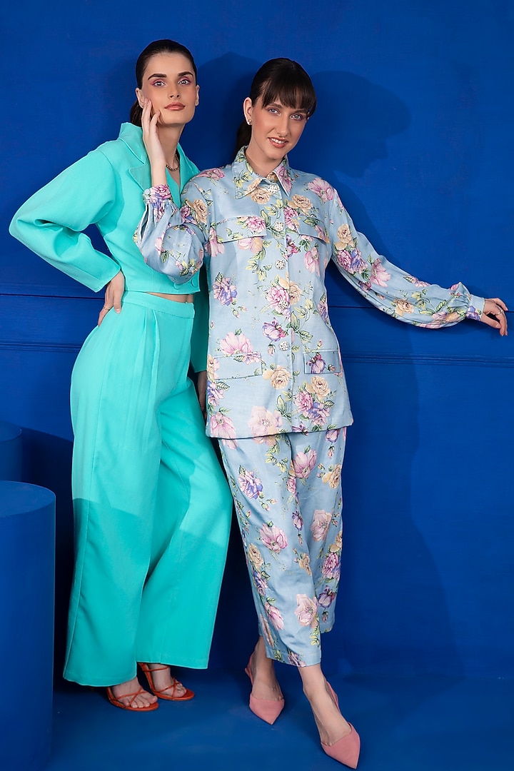 Turquoise Moss Crepe Co-Ord Set by Mani Bhatia at Pernia's Pop Up Shop